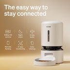 PETLIBRO smart automatic pet feeder with built‑in camera and smartphone live view showing a cat eating from the feeder.