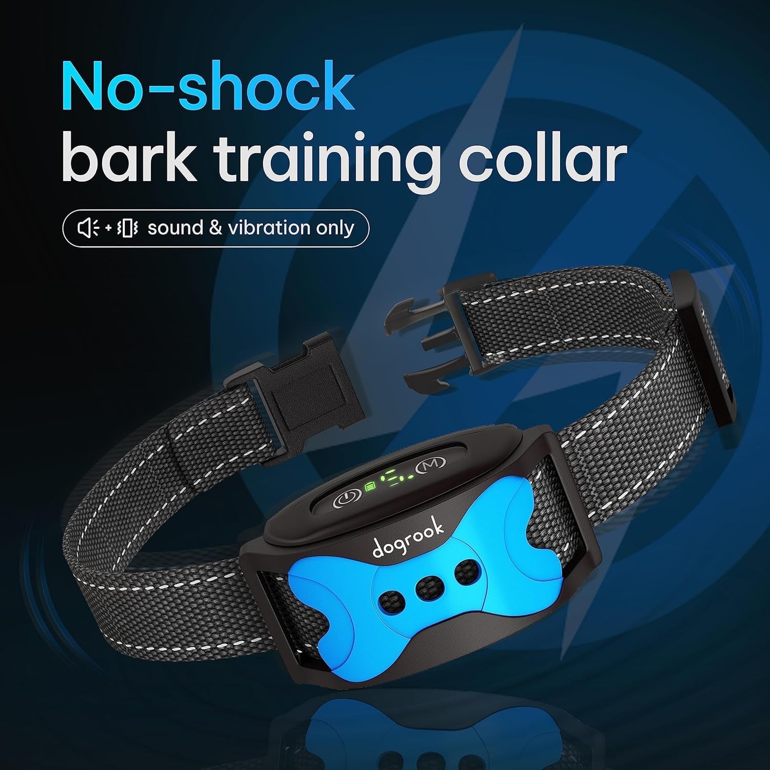 Dogrook no-shock bark collar for dogs with humane sound and vibration modes only.