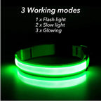 Green LED dog collar showing three lighting modes: flash, slow blink, and glowing for nighttime pet safety.