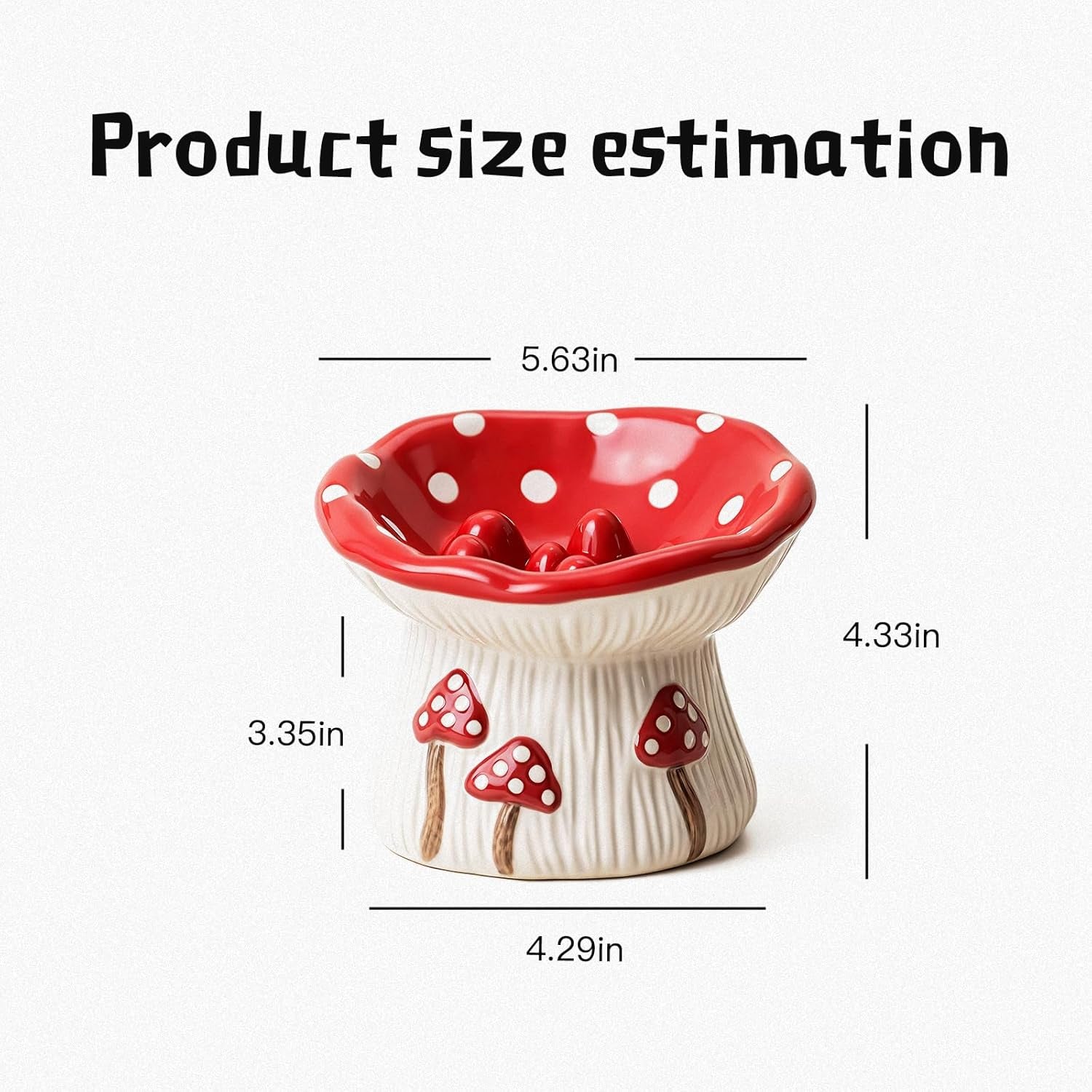 Ceramic mushroom‑shaped cat bowl with size measurements showing width, height, and base dimensions.