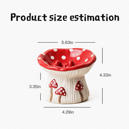 Ceramic mushroom‑shaped cat bowl with size measurements showing width, height, and base dimensions.