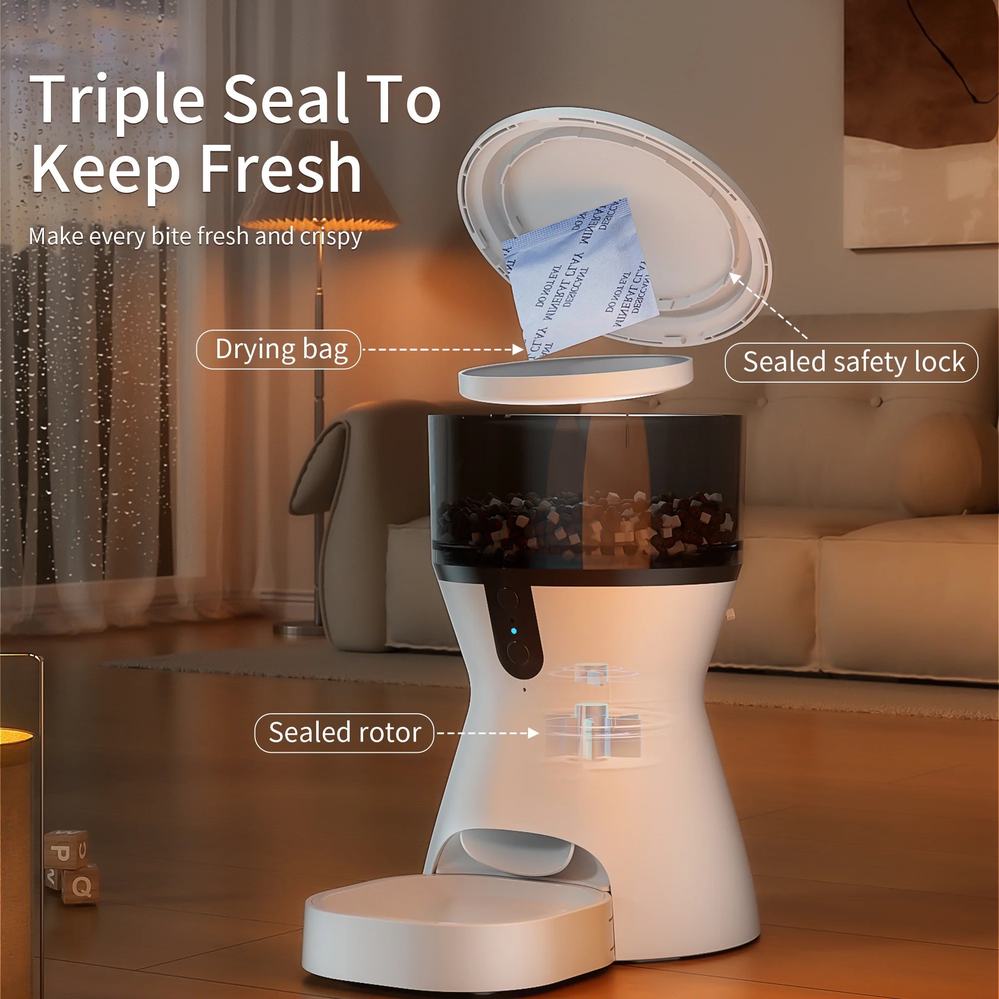 smart automatic feeder lid with triple seal system to keep dry food fresh and protected from moisture