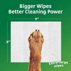 extra large pet wipe with dog paw showing 9x8 inch size for better cleaning