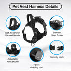 pet vest harness with padded handle, stainless steel d-ring, adjustable neck buckle, type-c charging port and security lock
