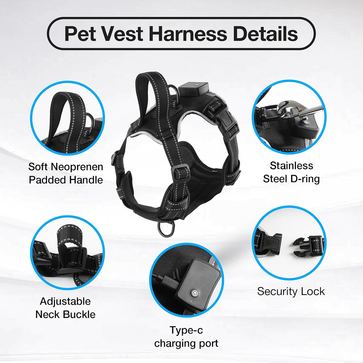 pet vest harness with padded handle, stainless steel d-ring, adjustable neck buckle, type-c charging port and security lock