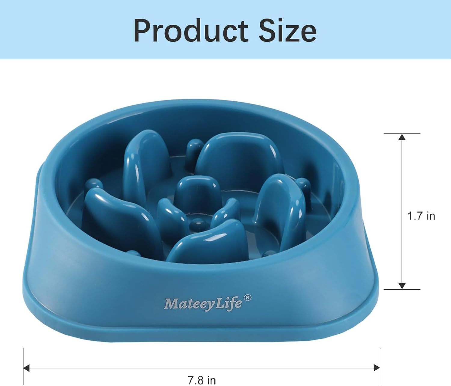 Blue slow feeder dog bowl with maze design, showing 7.8-inch diameter and 1.7-inch height for medium and large breed pets.