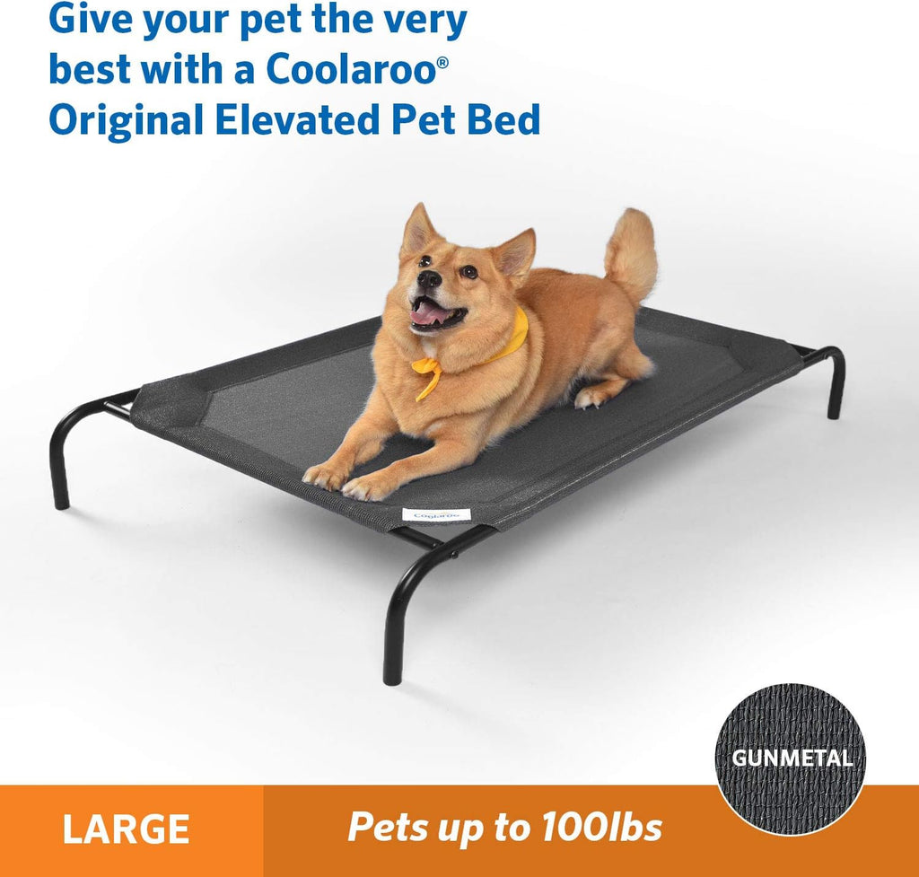 elevated pet bed large size breathable mesh surface with dog lying comfortably outdoors