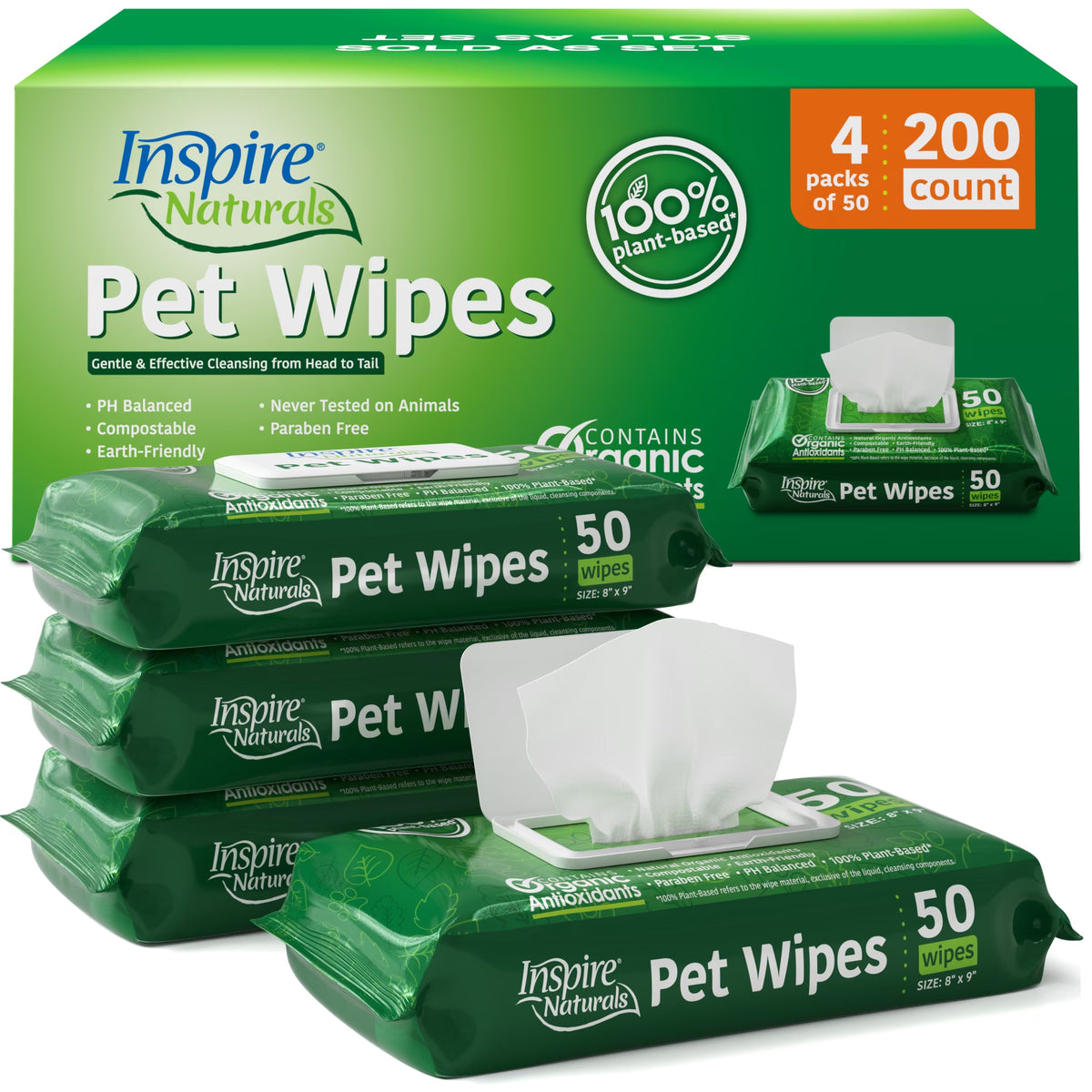 green pack of inspire naturals pet wipes with organic antioxidants plant based 50 count packs