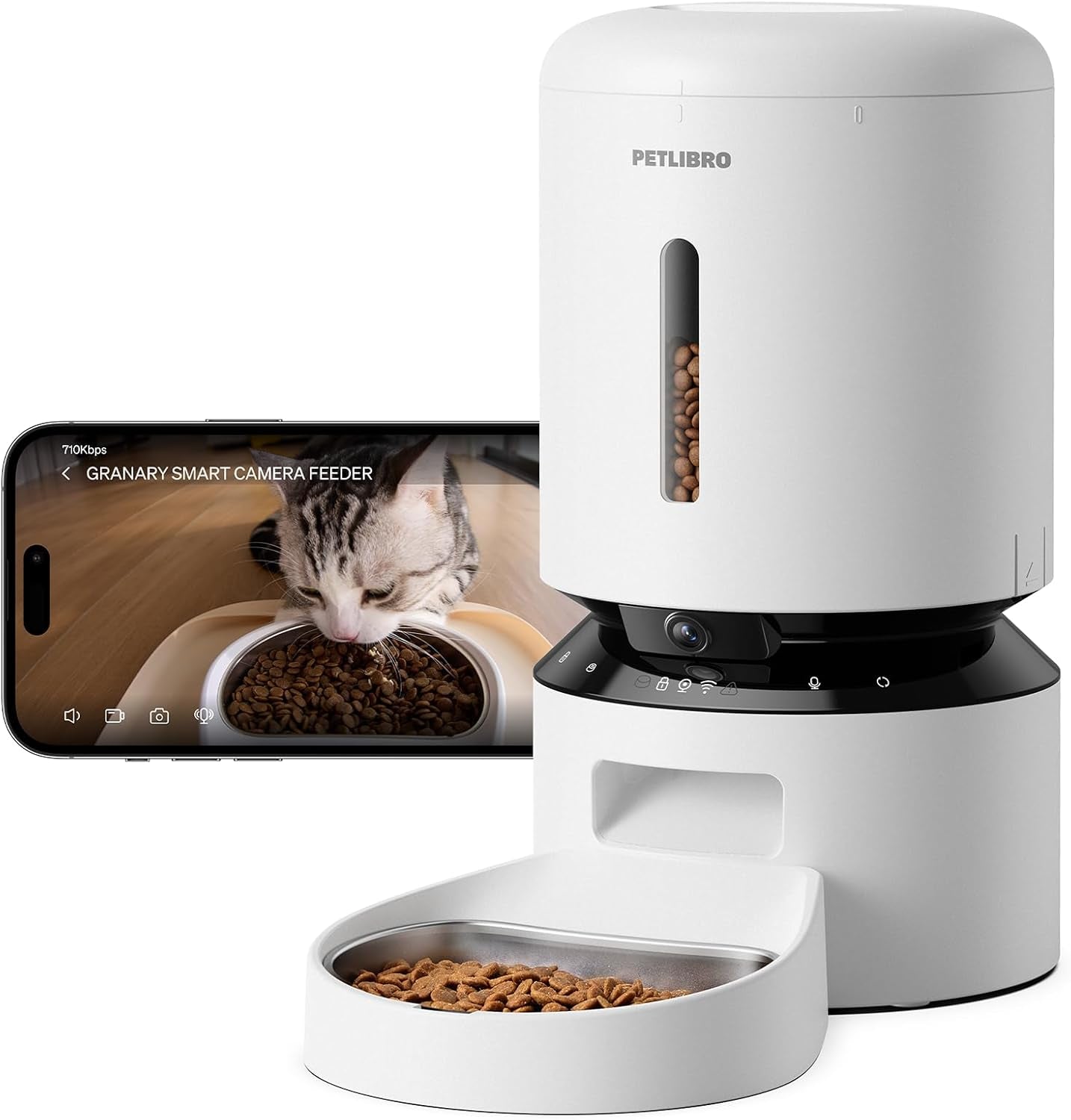  Smart PETLIBRO automatic pet feeder with built‑in camera and smartphone live view showing a cat eating from the feeder.