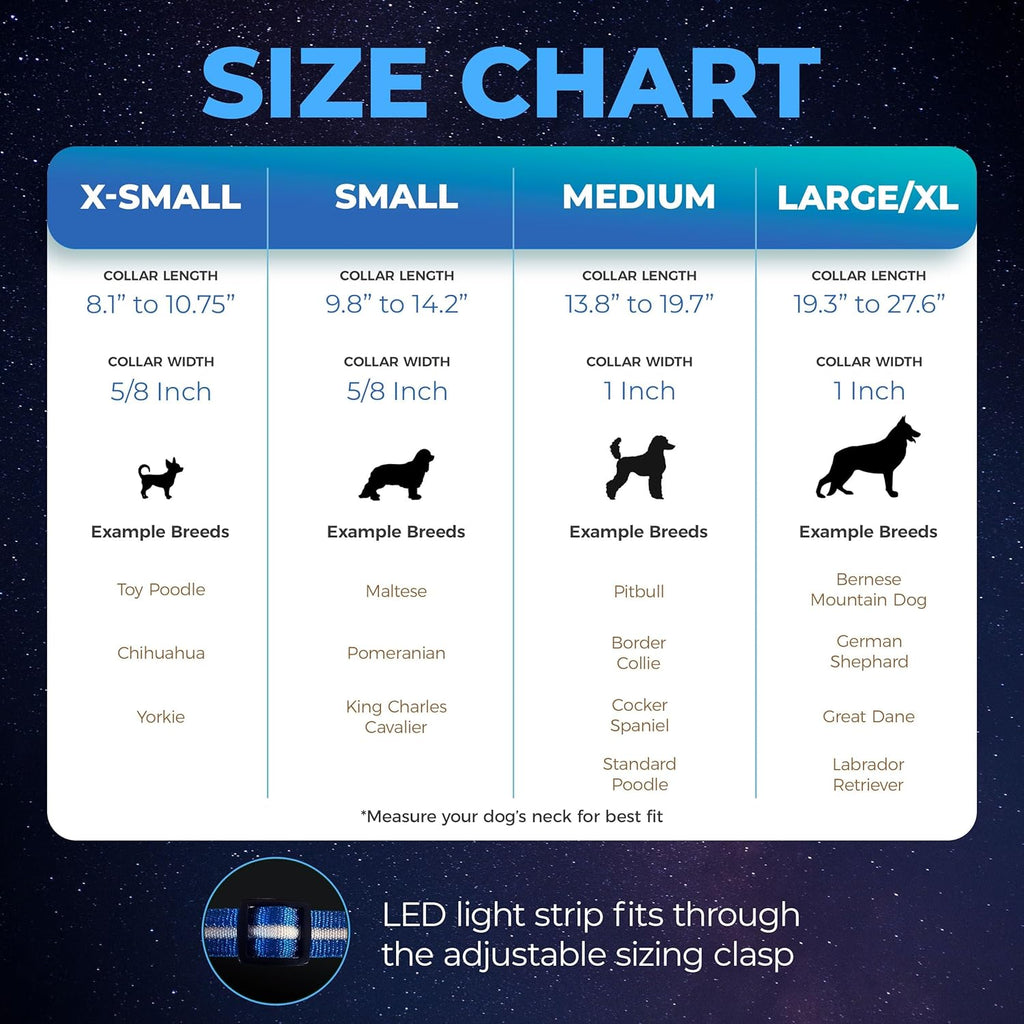 LED dog collar size chart showing neck measurements and collar lengths for all sizes