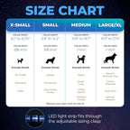 LED dog collar size chart showing neck measurements and collar lengths for all sizes