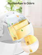 Smart litter box with built‑in deodorizing system, showing a removable odor‑control cartridge and airflow design that keeps the area fresh and clean.