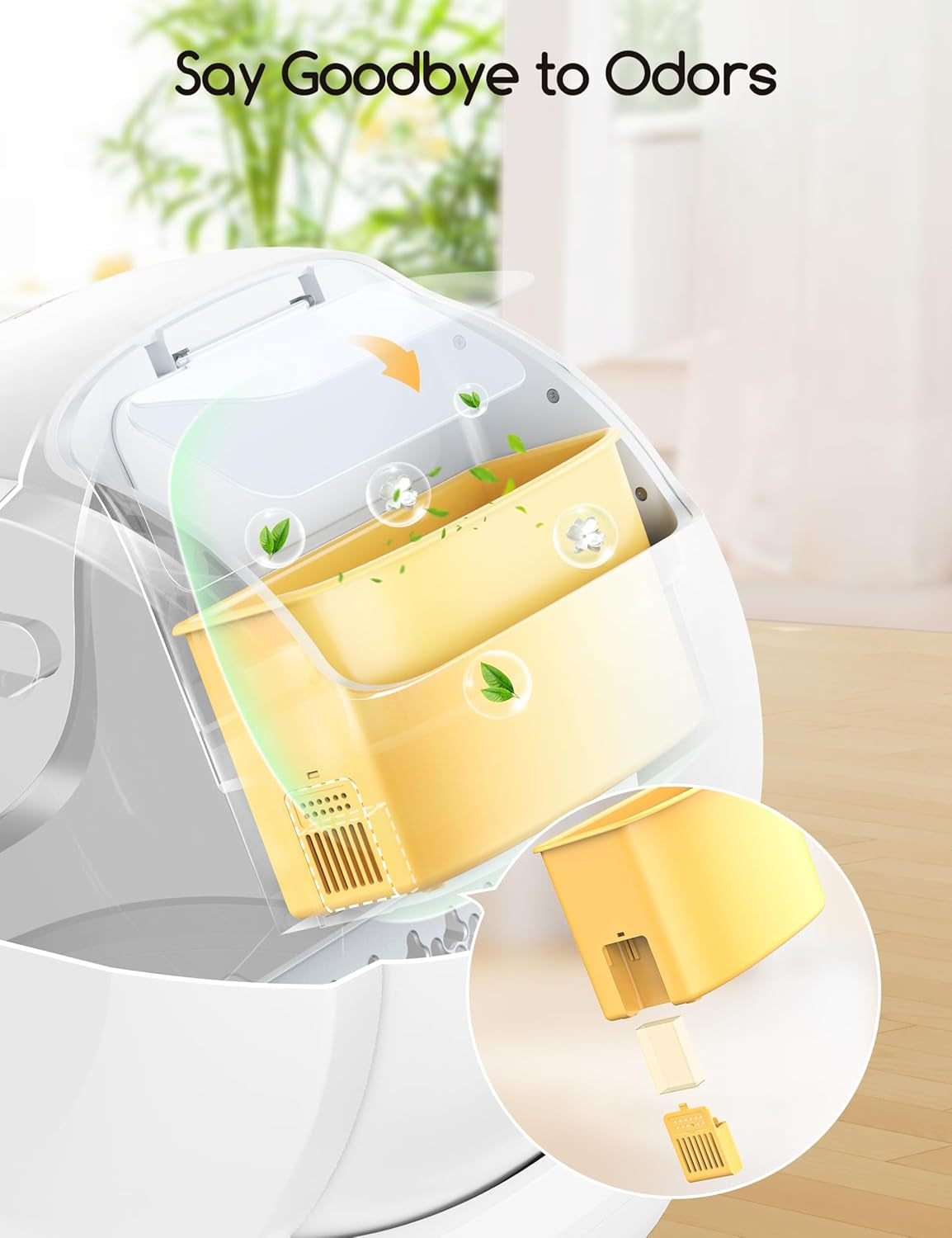 Smart litter box with built‑in deodorizing system, showing a removable odor‑control cartridge and airflow design that keeps the area fresh and clean.