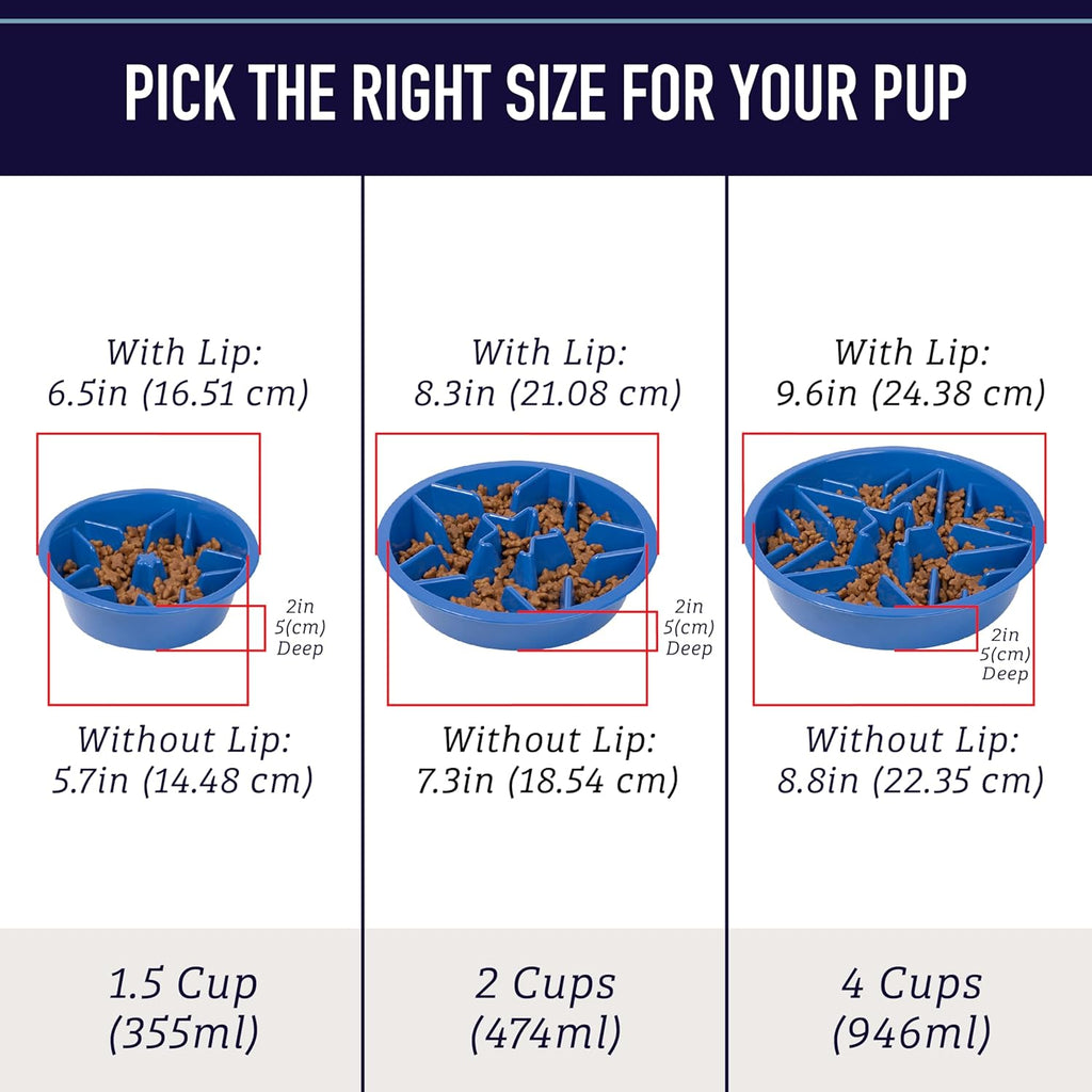 slow feeder dog bowls shown in 1.5 cup 2 cup and 4 cup sizes puzzle design for portion control