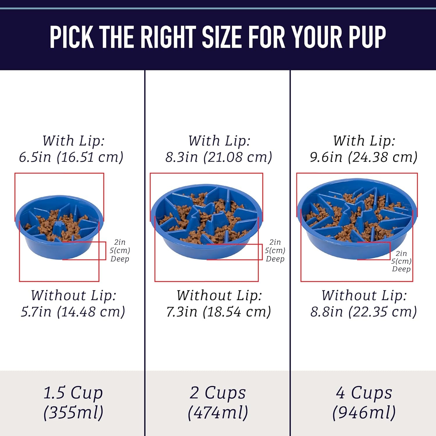slow feeder dog bowls shown in 1.5 cup 2 cup and 4 cup sizes puzzle design for portion control