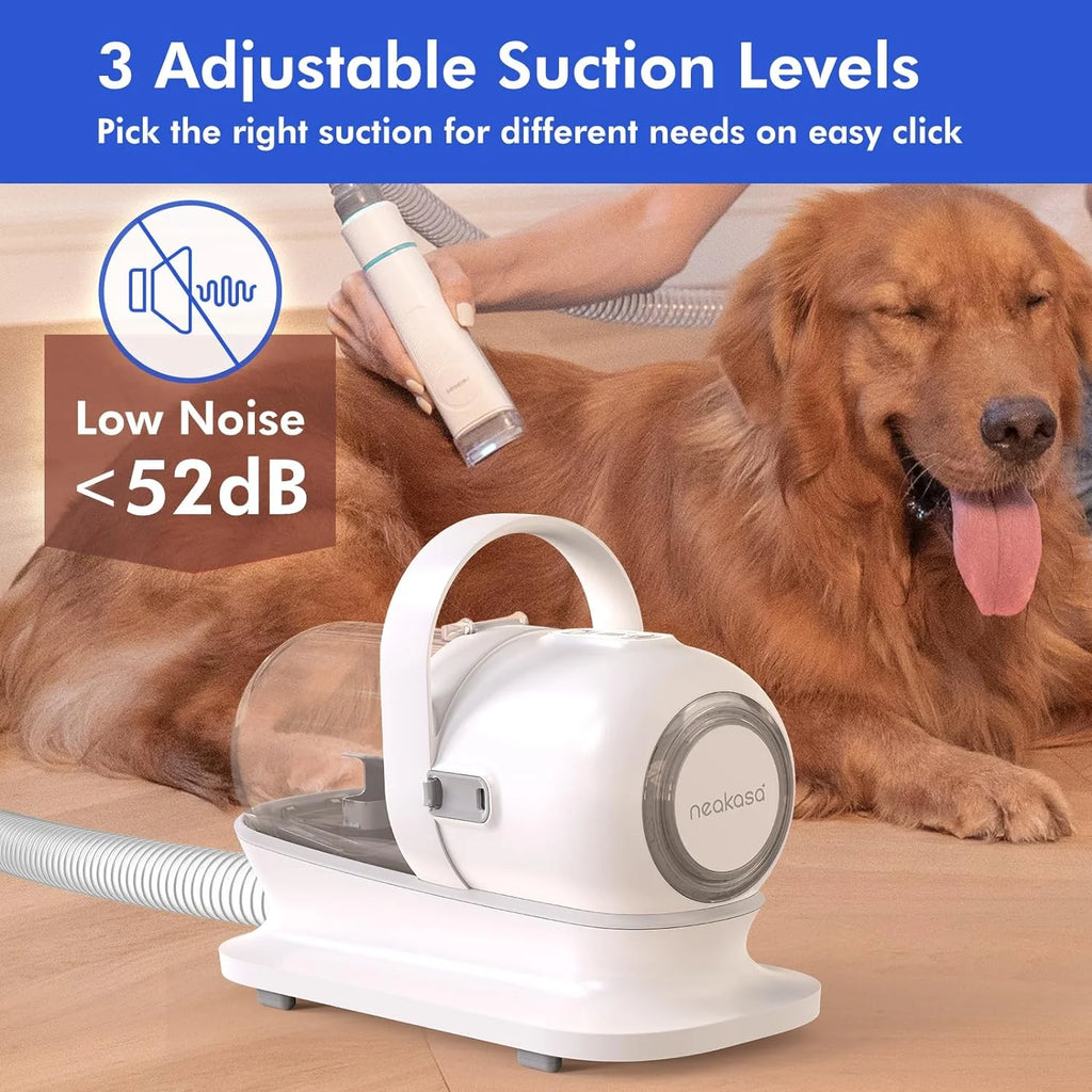 Person grooming a golden retriever using a Neakasa vacuum pet grooming device with adjustable suction levels.