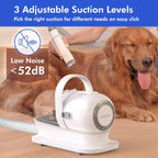 Person grooming a golden retriever using a Neakasa vacuum pet grooming device with adjustable suction levels.