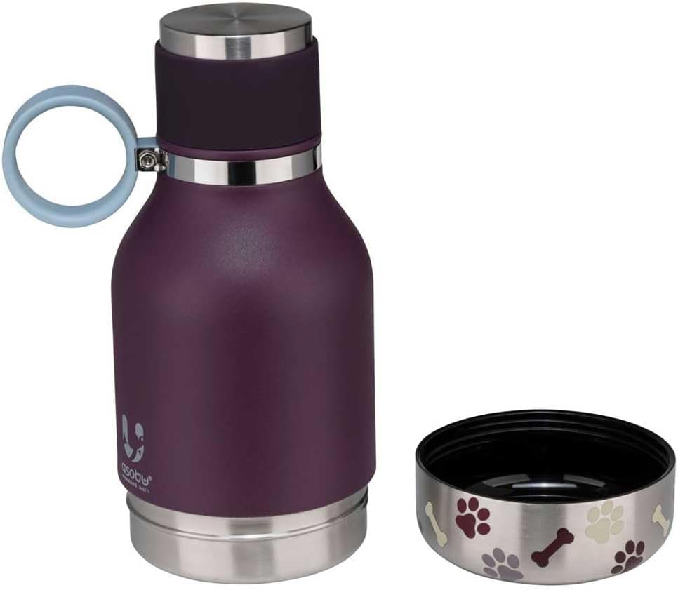 insulated stainless steel dog water bottle 37oz with detachable bowl shown separately burgundy design