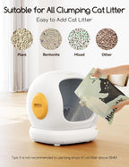  Person pouring clumping cat litter into a smart automatic litter box, showing compatibility with multiple litter types and easy refill design.
