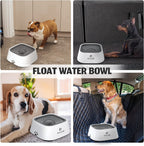 slow flow travel water bowl no spill splash proof 1l design showing large capacity float water bowl vehicle friendly use slow drinking control and easy to clean features for dogs and cats