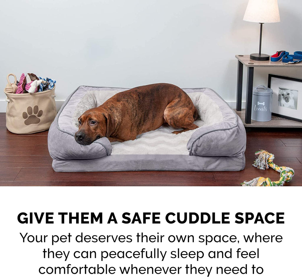 orthopedic dog bed with bolstered sides creating safe cuddle space for dogs