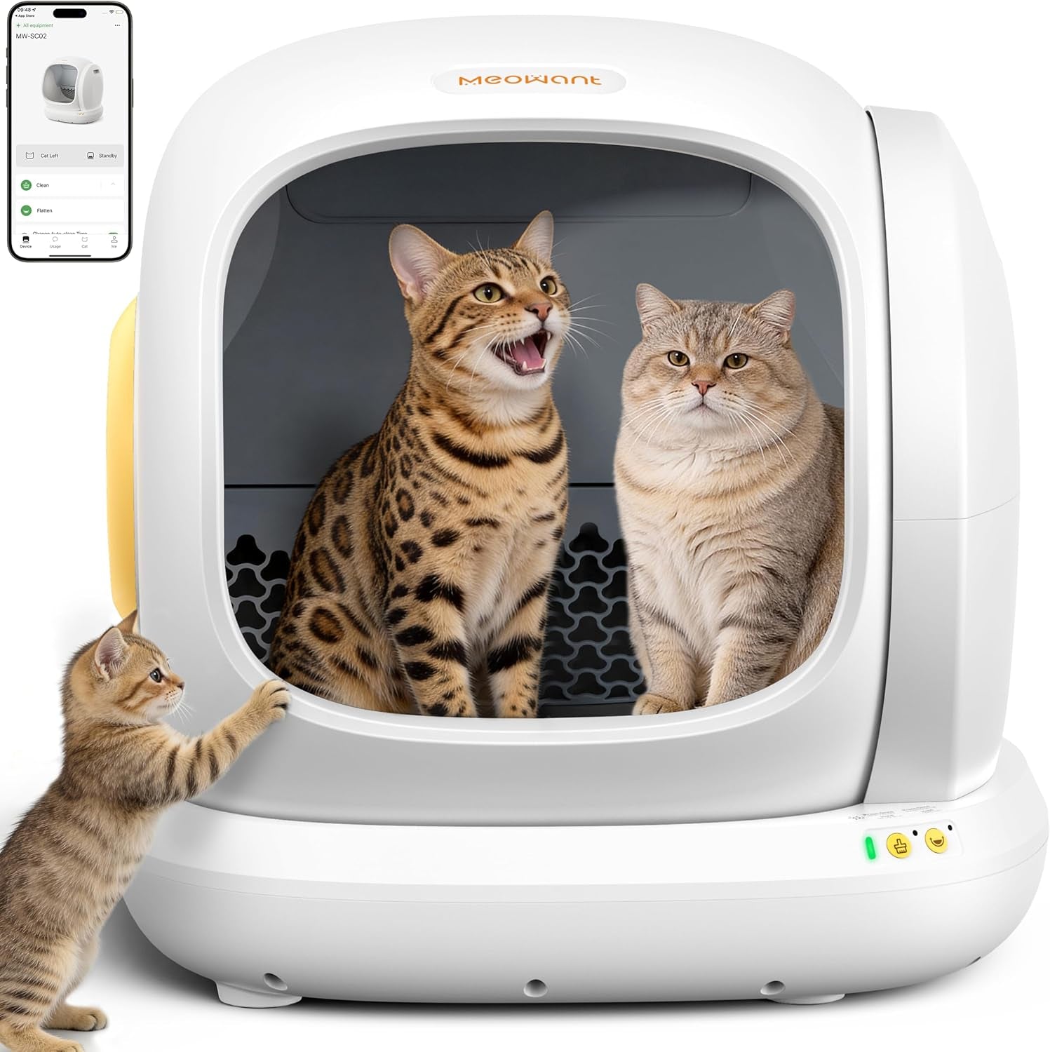 Three cats interacting with a smart self‑cleaning cat litter box, with a smartphone showing the app control for automatic cleaning and monitoring.