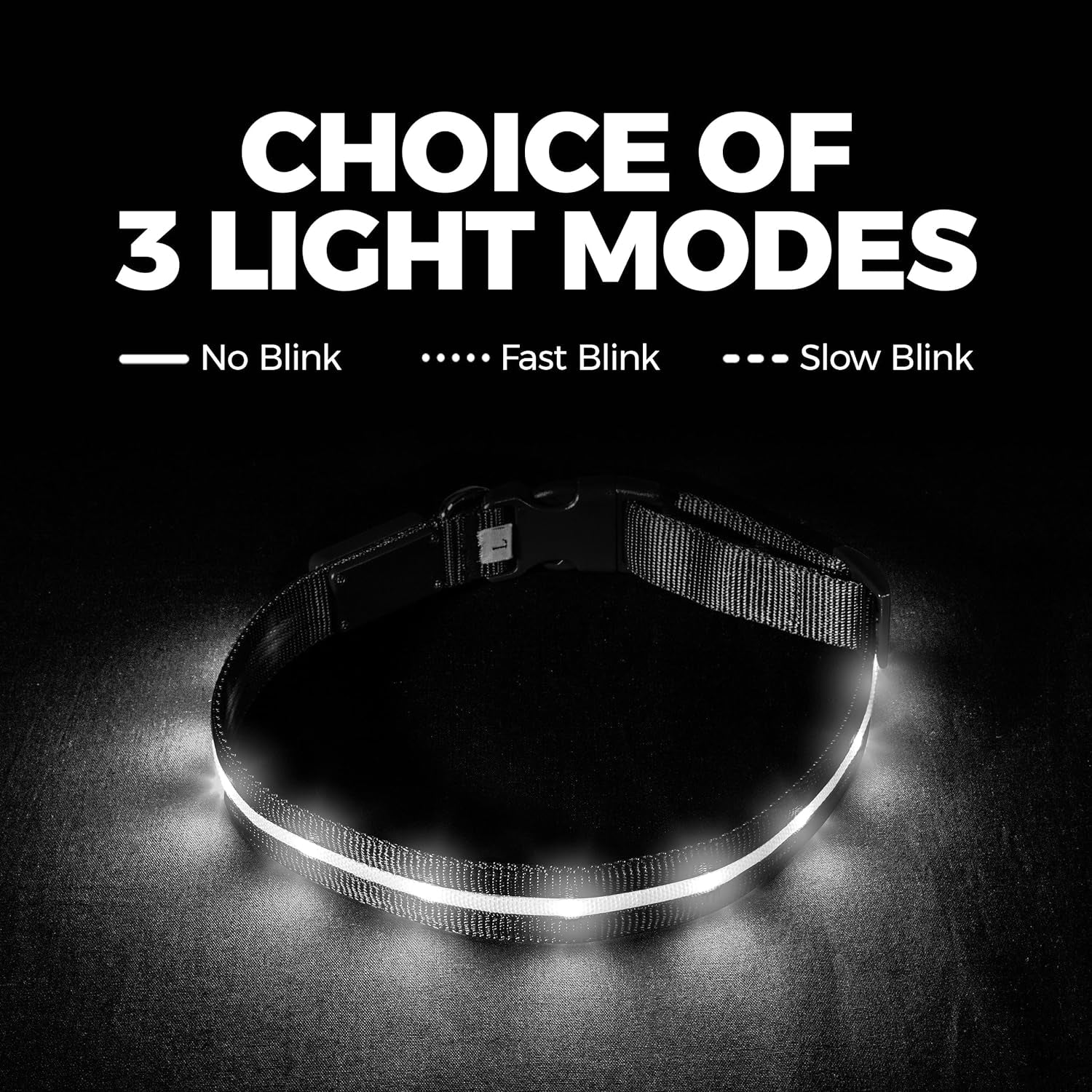 white LED pet collar showing three light modes no blink fast blink and slow blink on dark background