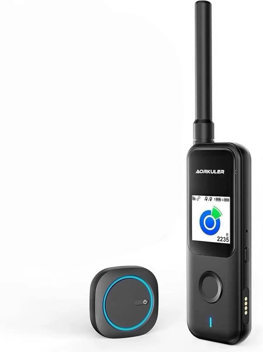 Handheld Aorkuler GPS dog tracker with screen and antenna next to lightweight collar-mounted tracking device.
