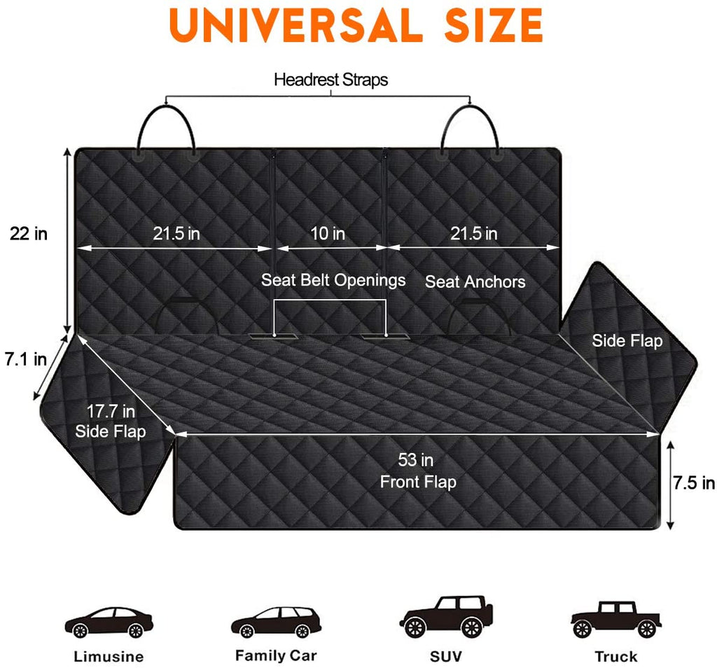 universal fit black dog car seat cover showing full dimensions bench style protector with armrest openings and seat belt slots