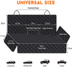 universal fit black dog car seat cover showing full dimensions bench style protector with armrest openings and seat belt slots