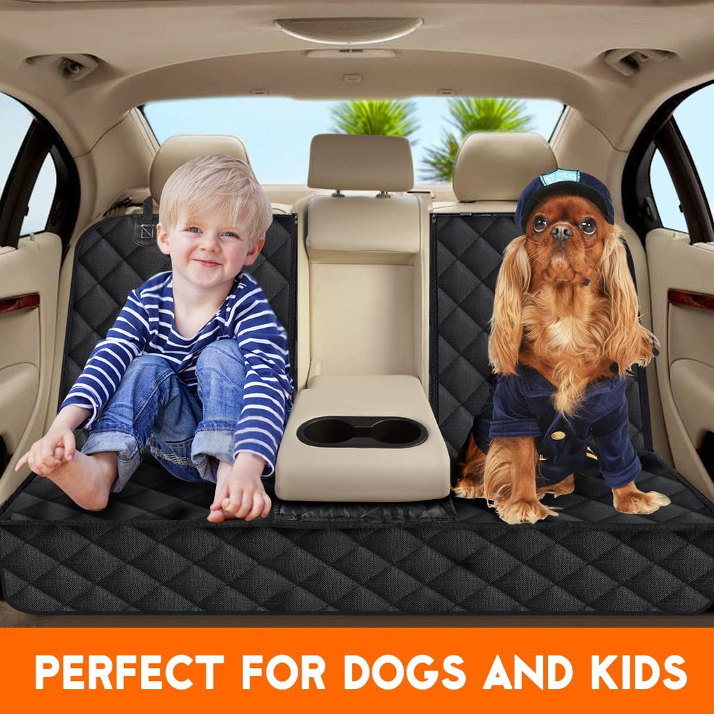 child and dog sitting together on black waterproof car seat cover demonstrating family friendly protection for seats