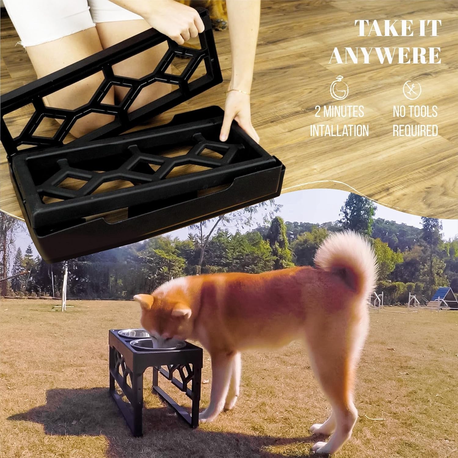 portable elevated dog feeder with two stainless steel bowls showing easy 2 minute installation no tools required used indoors and outdoors with large dog