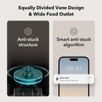  Automatic pet feeder with anti‑stuck vane design and smartphone alert showing rotor blockage detection.