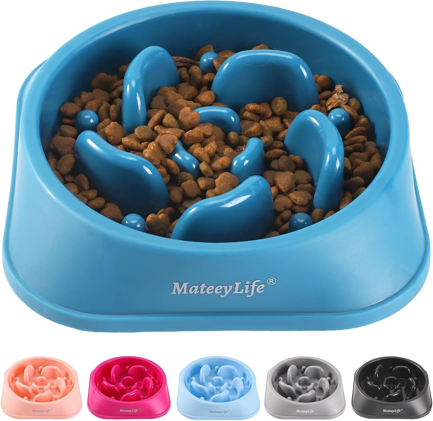 Slow feeder dog bowl in dark blue with maze design to reduce fast eating, choking, bloating, and improve digestion for medium and large breed dogs.