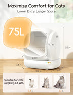 Smart automatic litter box with integrated safety design, showing low entry, spacious 75L interior, and size guide for cats from 3.3 to 22 lb.