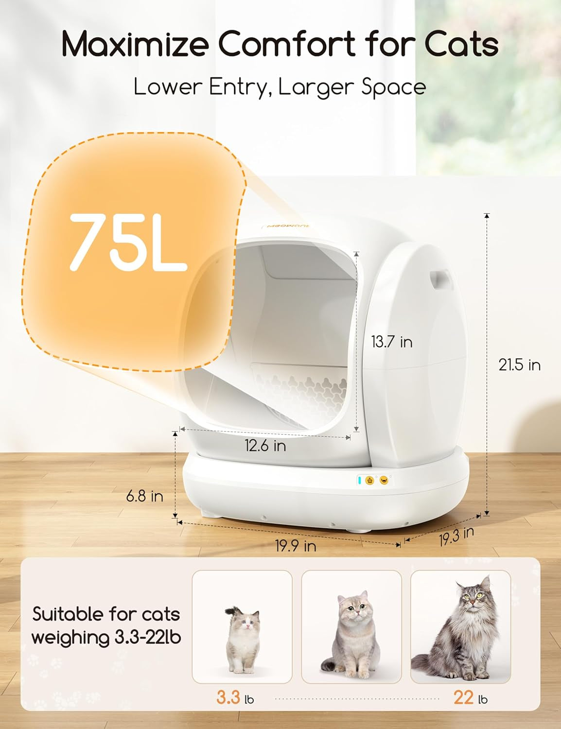 Smart automatic litter box with integrated safety design, showing low entry, spacious 75L interior, and size guide for cats from 3.3 to 22 lb.