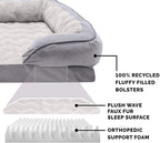 orthopedic dog bed cutaway showing recycled fluffy bolsters plush faux fur sleep surface and orthopedic support foam layers