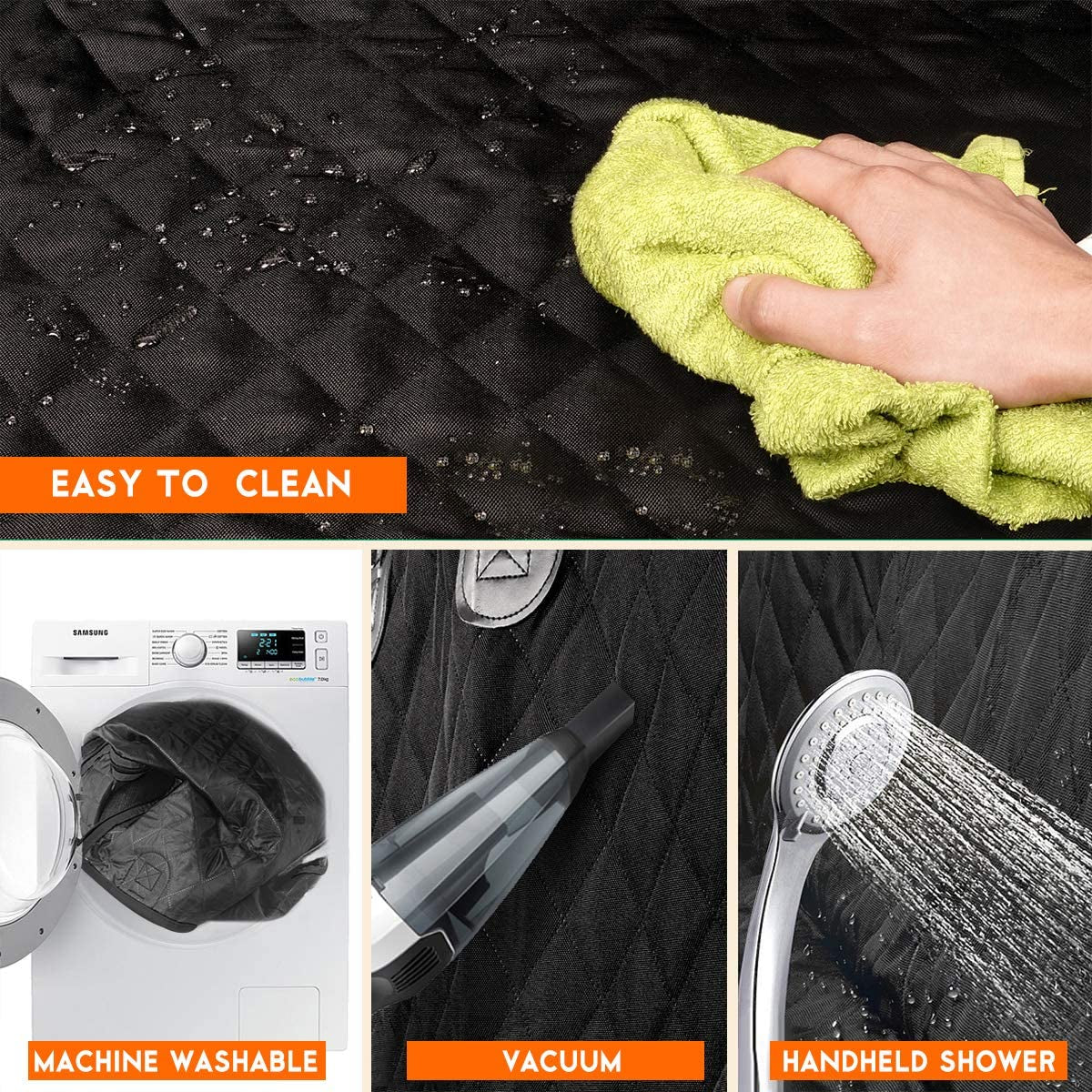 close up of waterproof scratch resistant quilted fabric on black dog car seat cover durable and easy to clean