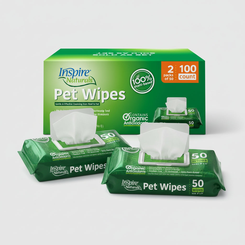 green pack of inspire naturals pet wipes with organic antioxidants plant based 50 count packs
