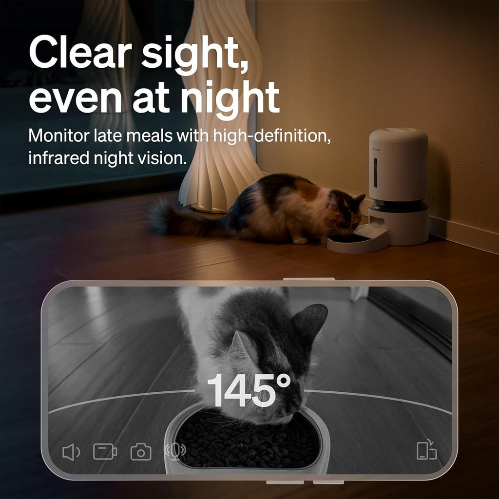 Automatic pet feeder with night‑vision camera showing a cat eating in low light and a smartphone view with 145‑degree infrared monitoring.
