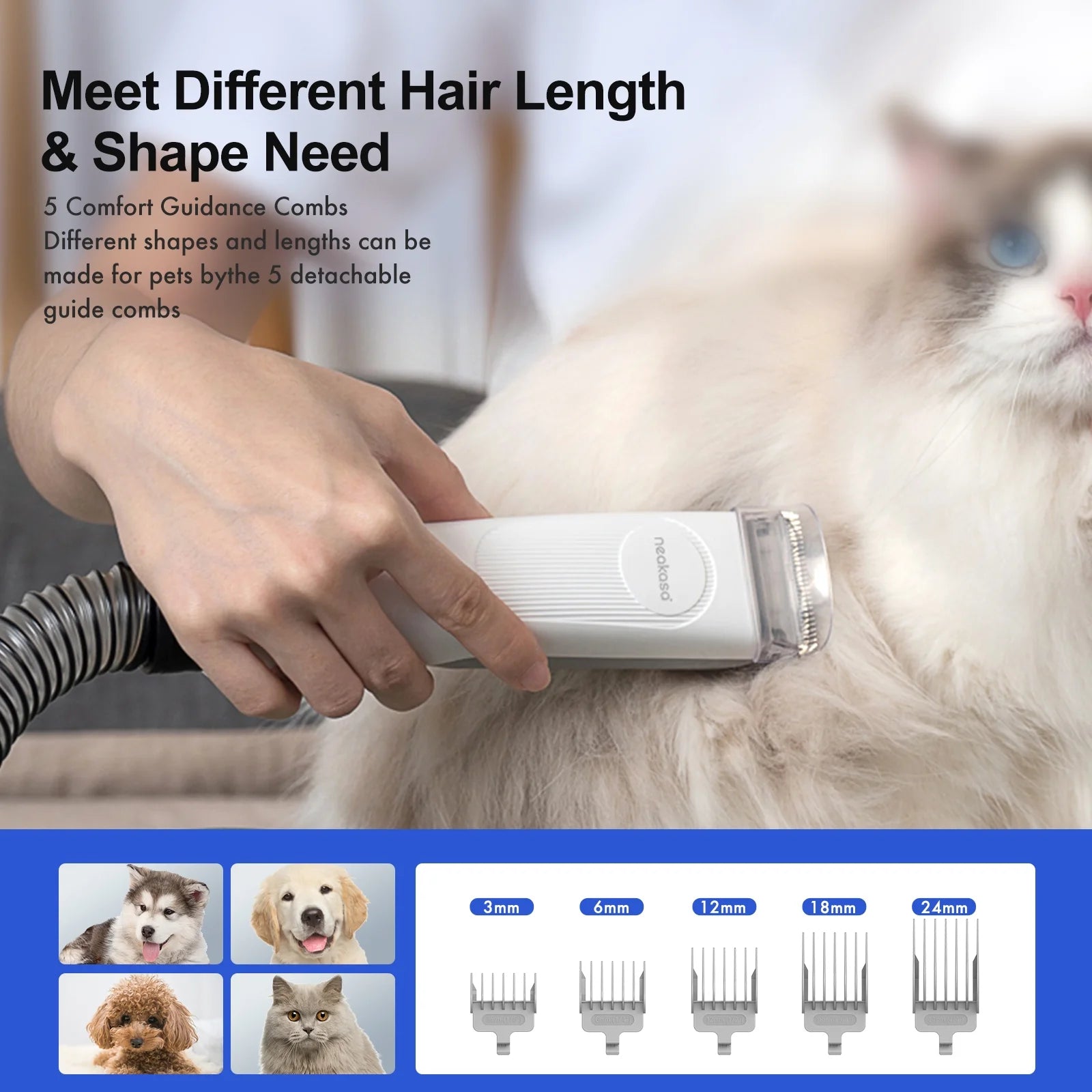 Five adjustable pet grooming clipper combs with before-and-after dog grooming results.