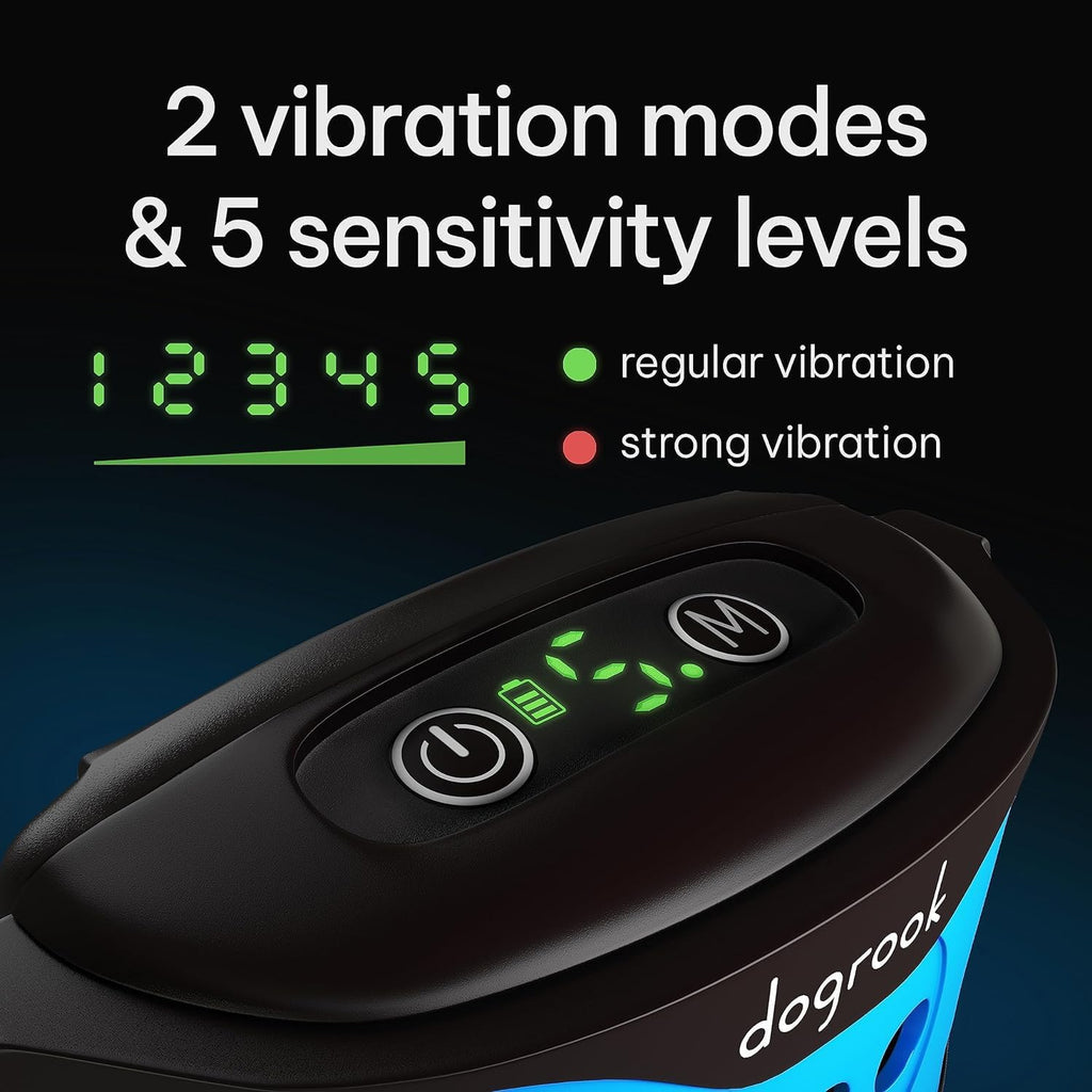 DogRook bark collar control panel with a digital display showing 5 sensitivity levels and 2 vibration modes (regular and strong). Features a power and mode button with a low battery indicator.