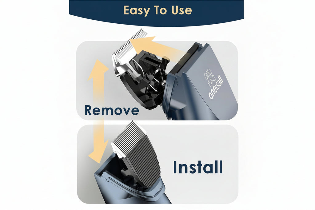 cat grooming clipper showing easy blade removal and installation with simple visual guide
