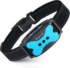 DogRook no‑shock bark collar with adjustable strap and blue bone‑design front panel for gentle dog training.