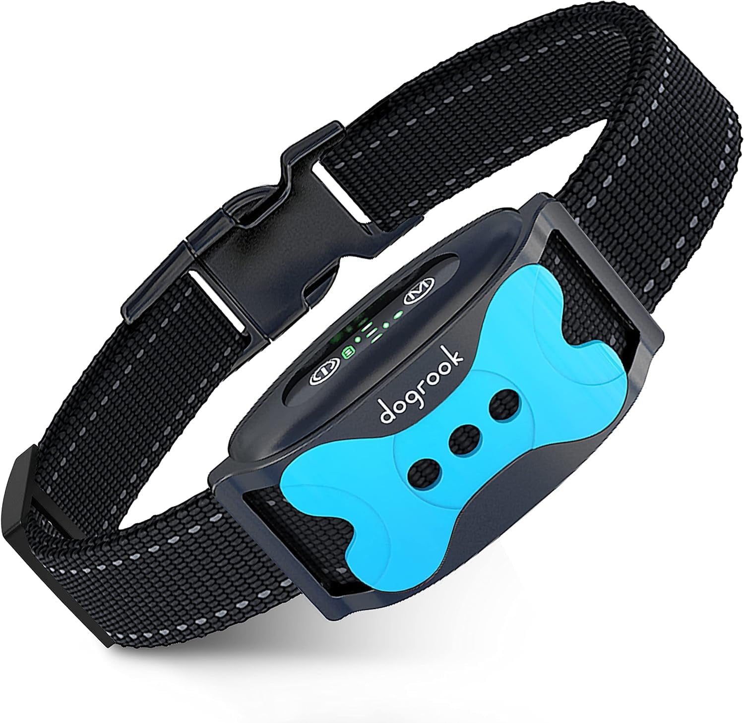 DogRook no‑shock bark collar with adjustable strap and blue bone‑design front panel for gentle dog training.