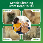 gentle pet cleaning graphic showing dog being wiped on snout ears paws and bum