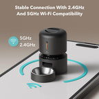 Smart automatic pet feeder with dual‑band 2.4GHz and 5GHz Wi‑Fi, showing a modern dispenser and stainless bowl on a smartphone interface.