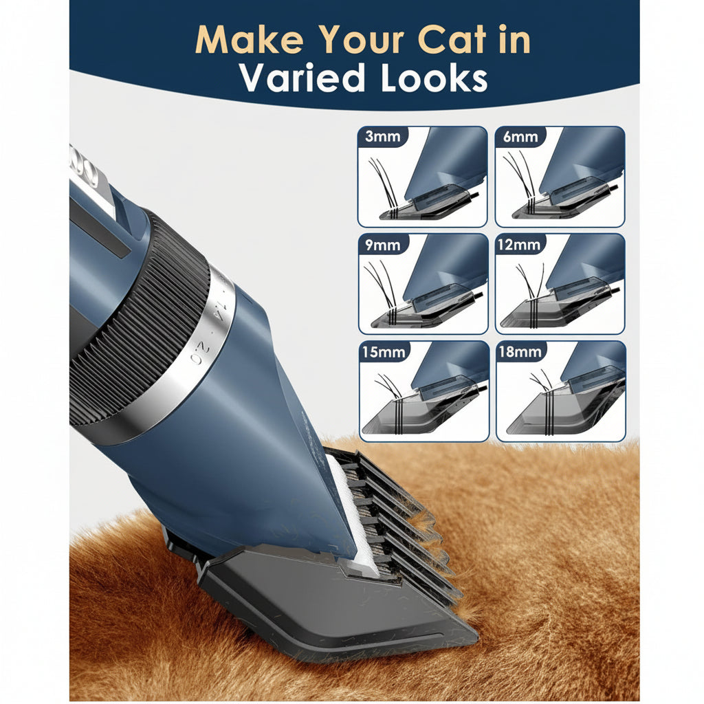 cat grooming clipper with six guide comb lengths trimming fur in varied styles