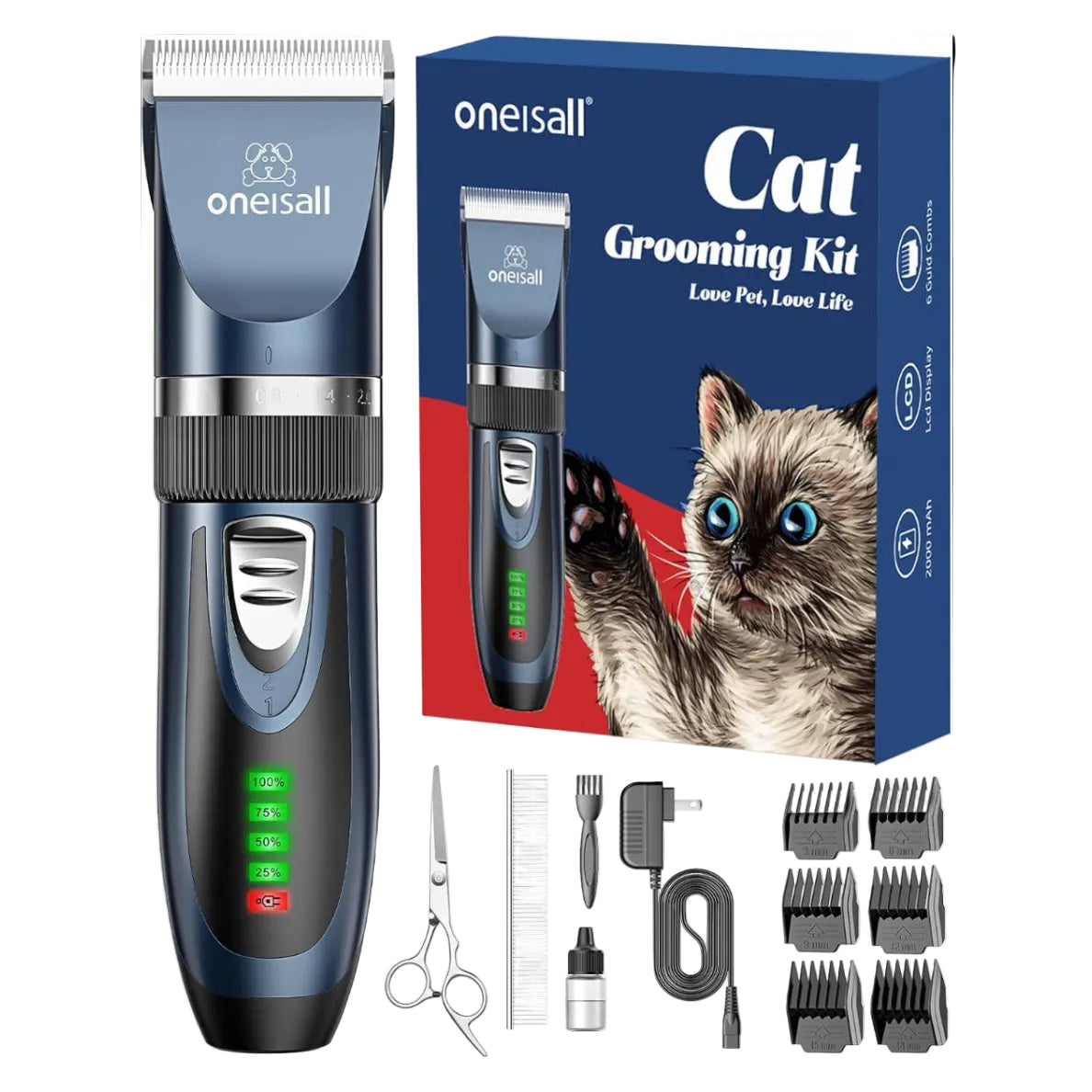 cat grooming clippers kit with quiet rechargeable trimmer six guide combs scissors cleaning brush and power adapter