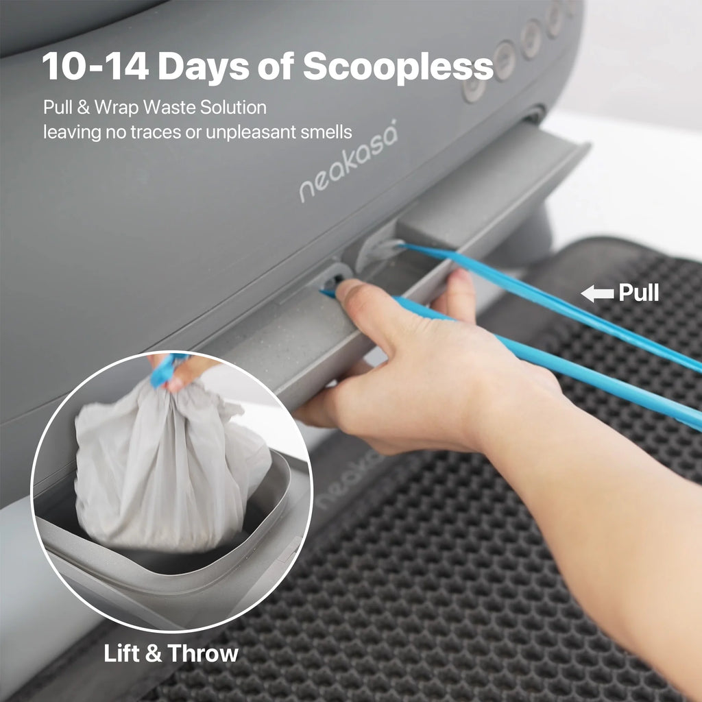 Neakasa automatic litter box pull-and-wrap waste solution allowing 10-14 days of scoopless, odor-free cat care with easy drawstring bag disposal.